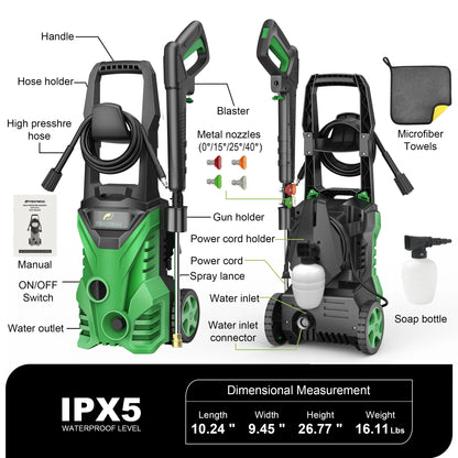 High-Pressure Electric Power Washer – 26ft Hose, Foam Cannon & 4 Nozzle System for Cars, Patios & Driveways