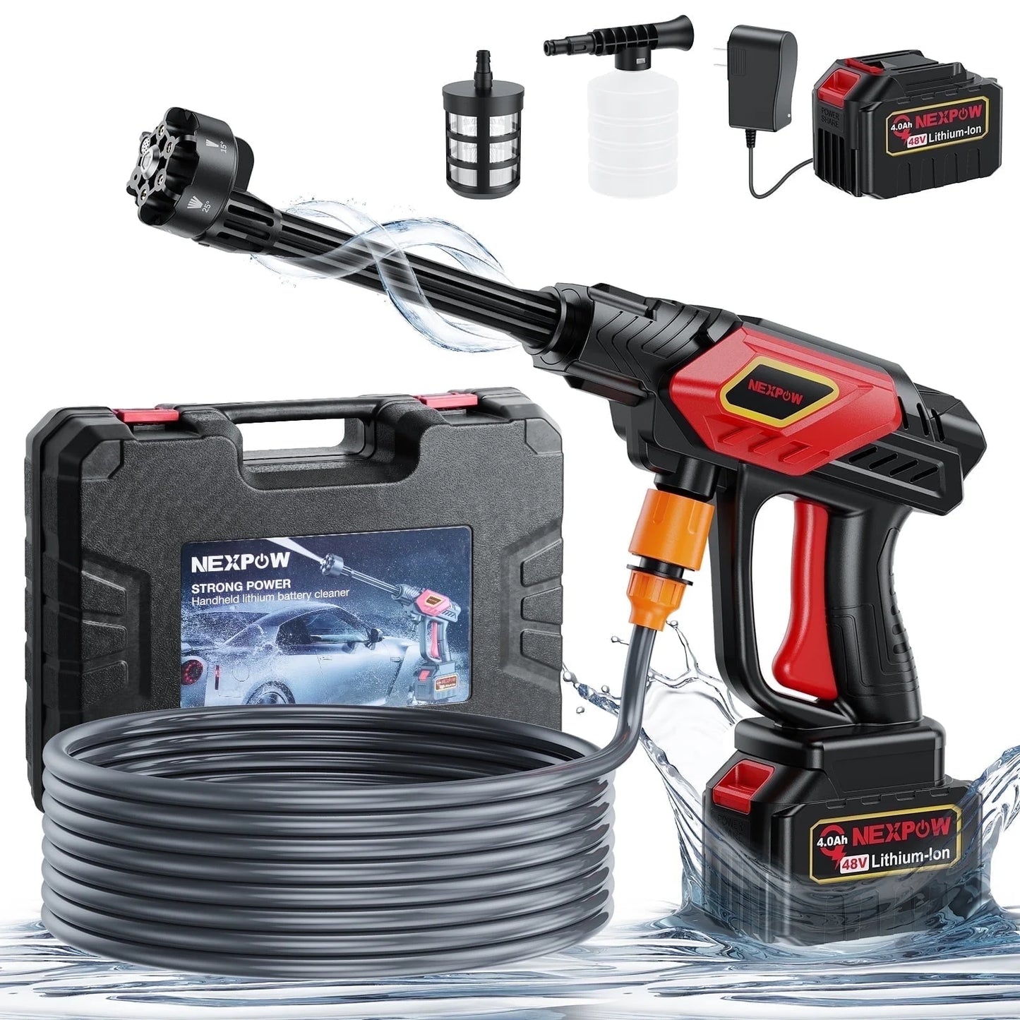 1000PSI Cordless Pressure Washer, 2.4GPM Portable Power Washer with 6-In-1 Adjustable Nozzle, Power Cleaner with 32.8Ft Hose for Cars/Patios